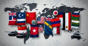 A symbolic representation of geopolitical tension featuring flags, military symbols, and a map with contrasting color gradients.