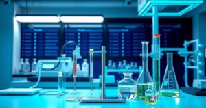A futuristic laboratory filled with advanced scientific equipment and instruments in a vibrant color palette.