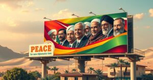 A billboard design featuring leaders in a vibrant Middle Eastern setting, symbolizing new diplomatic ties and peace efforts.