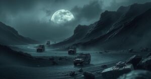A dark, moody landscape featuring a stylized military scene with muted colors illustrating tension between nations.