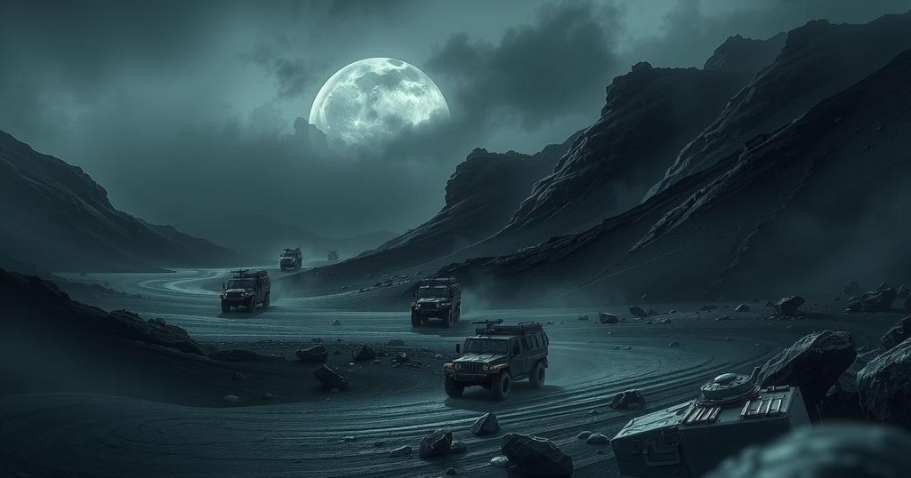 A dark, moody landscape featuring a stylized military scene with muted colors illustrating tension between nations.