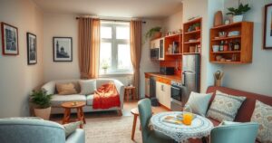 Middle-class couple enjoying a cozy apartment with Russian goods and a modern vibe.