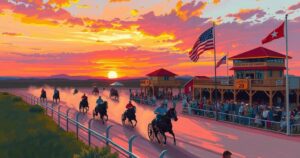 Vibrant sunset over a racetrack with chuckwagons racing under a colorful sky during a lively summer event.