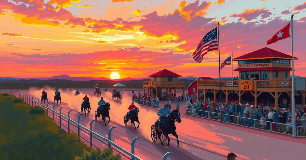 Vibrant sunset over a racetrack with chuckwagons racing under a colorful sky during a lively summer event.