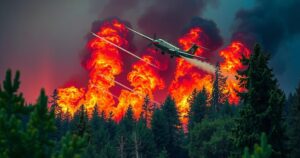 Forest fire scene with Canadair planes, vibrant colors of orange and blue, depicting firefighting in action.