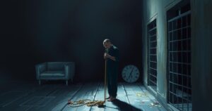A somber artwork depicting a stark prison interior with dark tones, conveying a sense of despair and oppression.