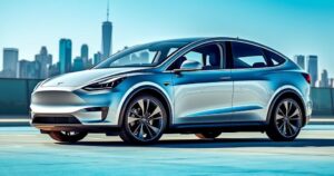 Tesla Model Y L showcasing its sleek design and extended seating, against an urban backdrop under bright blue sky.