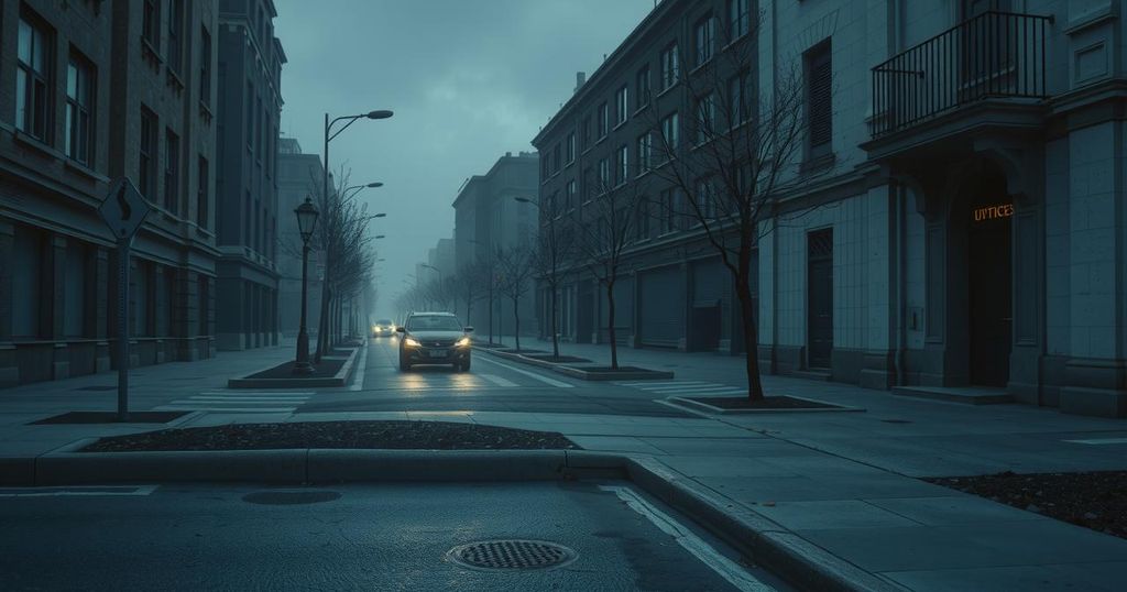 A somber urban environment representing themes of justice and community awareness on gender-based violence.