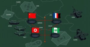A military-themed illustration featuring symbols of cooperation between two countries in a tense environment.