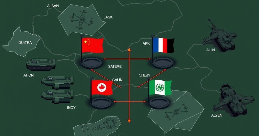 A military-themed illustration featuring symbols of cooperation between two countries in a tense environment.