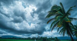 A scene depicting severe weather in Samoa with heavy rain and strong winds affecting the landscape.