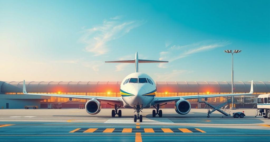 Aircraft preparing for departure at an airport with a clear blue sky and vibrant terminal buildings.