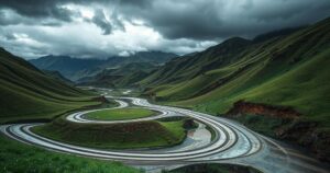 Vivid representation of rain-soaked hills and muddy roads after heavy floods in Himachal Pradesh during monsoon season.