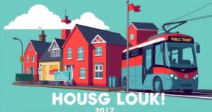 A political campaign scene with symbolic elements like housing icons and transportation symbols in vibrant colors.