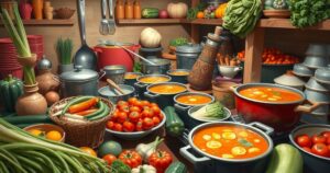 A vibrant kitchen scene with colorful vegetables and pots of soup, depicting community cooking for charity.