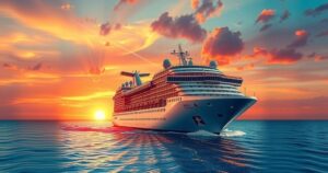 A cruise ship navigating through calm waters with a sunset backdrop, evoking a serene travel experience.