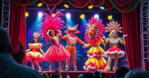 Vibrant carnival scene with colorful costumes and stage lights, capturing the festive spirit of Kaiso and Soca performances.