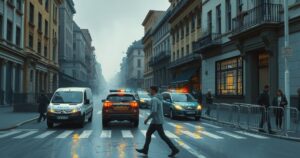 A tense urban scene showing a city street barricade, with police vehicles and smoke, evoking a sense of unrest.