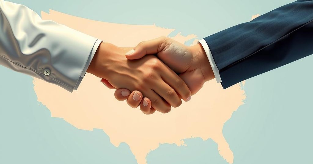 A symbolic handshake between Venezuela and the U.S. against a backdrop of flags, symbolizing diplomatic agreements.