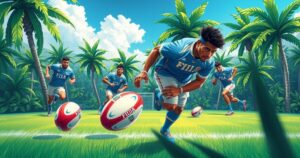 A vibrant rugby scene depicting a match setup with players' gear, flags, and a field in Fiji colors.