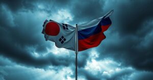 Silhouetted flags of North Korea and Russia against a stormy sky, symbolizing strong alliances and cooperation.