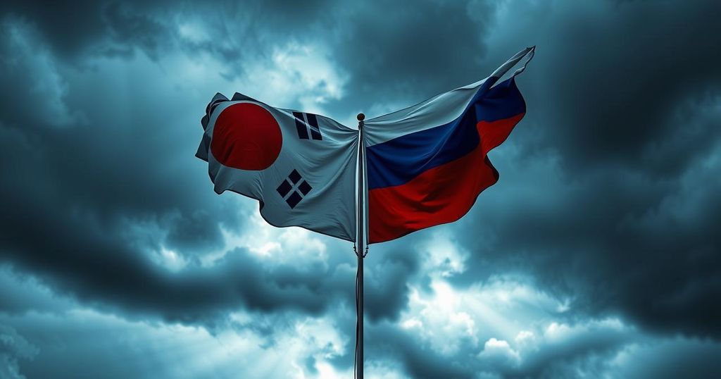 Silhouetted flags of North Korea and Russia against a stormy sky, symbolizing strong alliances and cooperation.