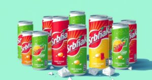Colorful representation of Coke product layout emphasizing cane sugar theme, modern pop art style.