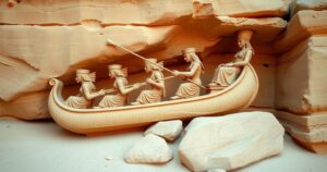 Ancient rock carving depicting a regal figure on a boat, surrounded by a serene landscape of sandstone.