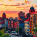 A vibrant cityscape featuring Kingston, with a sunset backdrop and clear skies, representing urban life during a curfew.