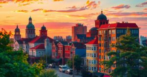 A vibrant cityscape featuring Kingston, with a sunset backdrop and clear skies, representing urban life during a curfew.
