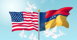 A symbolic exchange of freedom, featuring flags and doves, representing peace and international diplomacy.