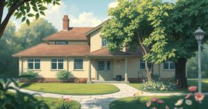 A serene scene depicting a peaceful school setting surrounded by nature, embodying hope and tranquility amidst grief.