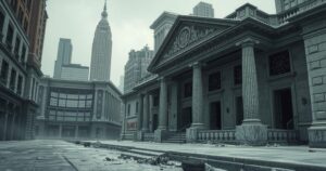 A stark urban landscape depicting deserted bank buildings with broken windows, conveying financial turmoil in muted colors.
