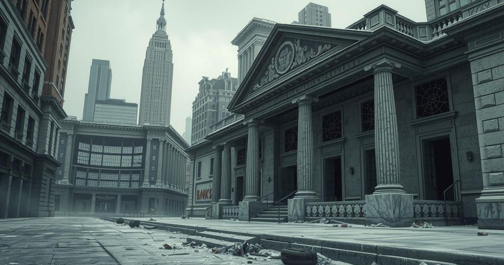 A stark urban landscape depicting deserted bank buildings with broken windows, conveying financial turmoil in muted colors.