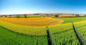 Vast fields of wheat and soybeans thriving under clear blue skies in Argentina's agriculture-rich landscape.