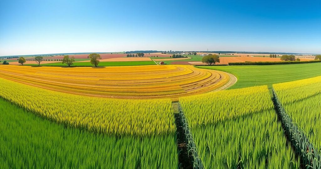 Vast fields of wheat and soybeans thriving under clear blue skies in Argentina's agriculture-rich landscape.