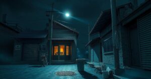 A nighttime street in Africa featuring closed shops and dim lights, depicting a sense of caution and vulnerability.