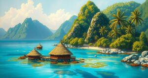A scenic view of The Comoros islands with lush greenery and blue waters, reflecting independence and natural beauty.