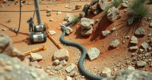 Geological exploration site featuring rocks and soil with drilling equipment, set in arid desert landscape.