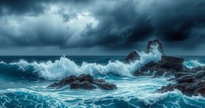 Stormy ocean waves with dark clouds during monsoon season, reflecting the weather forecast for Thailand.