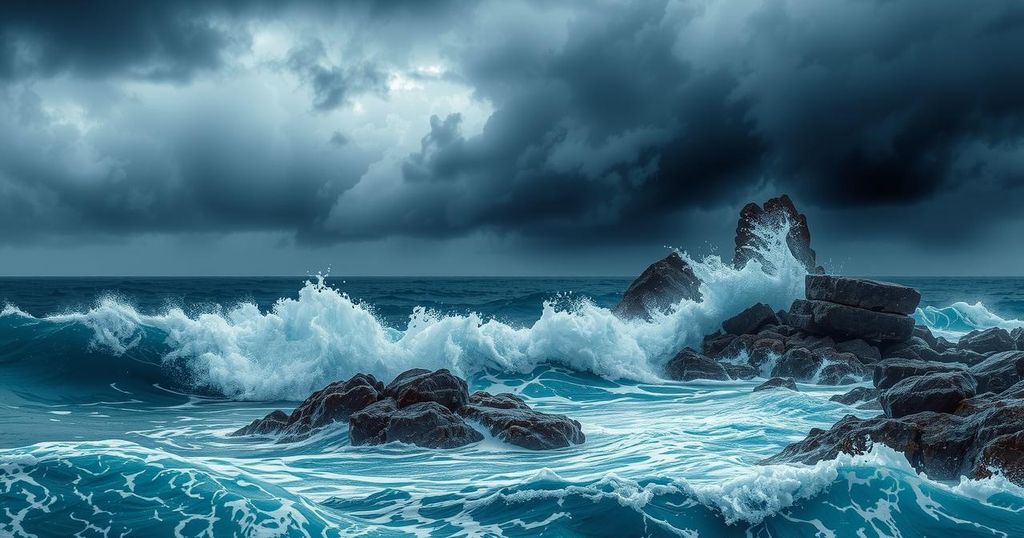 Stormy ocean waves with dark clouds during monsoon season, reflecting the weather forecast for Thailand.