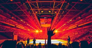A colorful conceptual art piece depicting a vibrant arena filled with cheering crowds in Montevideo, Uruguay.