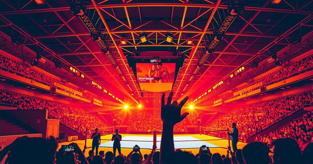 A colorful conceptual art piece depicting a vibrant arena filled with cheering crowds in Montevideo, Uruguay.