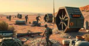 A military landscape scene showing engineering equipment and demining tools in a neutral color palette.