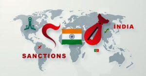 Abstract representation of global sanctions against trade, featuring iconic symbols of China, India, and Brazil in muted colors.