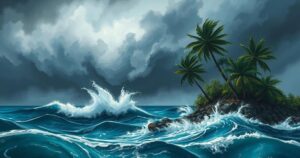 A turbulent ocean with dark storm clouds overhead and strong winds impacting trees on a tropical island.