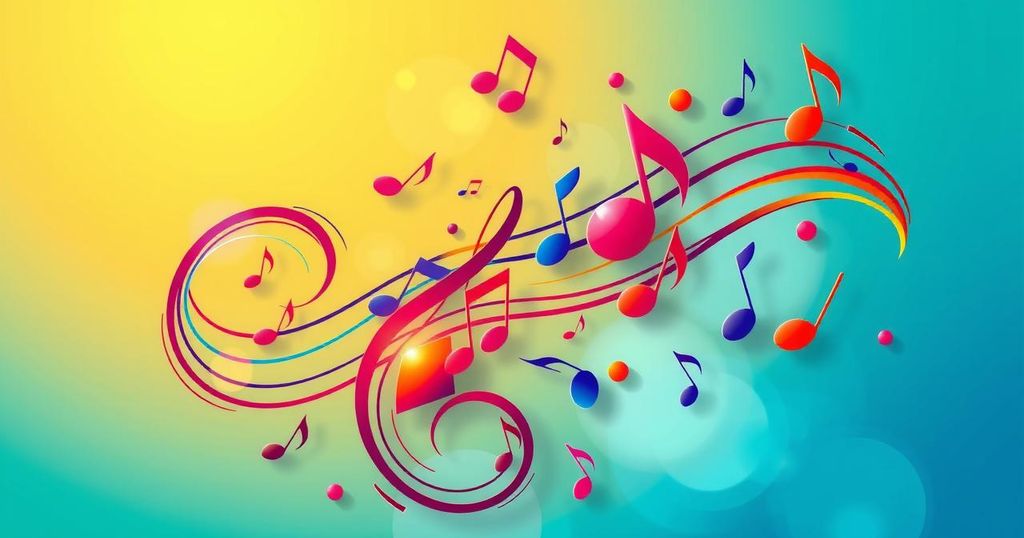 Vibrant colors and musical notes symbolize KiDi's rise in African music, showcasing talent and rhythm.