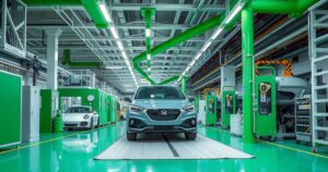 Electric vehicle assembly facility in Brazil with modern machinery and eco-friendly design, showcasing progress in manufacturing.