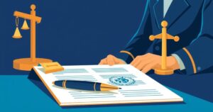 A graphic portrayal of a signing event with a large document, pen, and decorative elements symbolizing politics and governance.