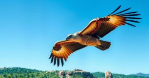 A serene landscape with a vulture soaring against a blue sky, emphasizing conservation efforts in South Africa.
